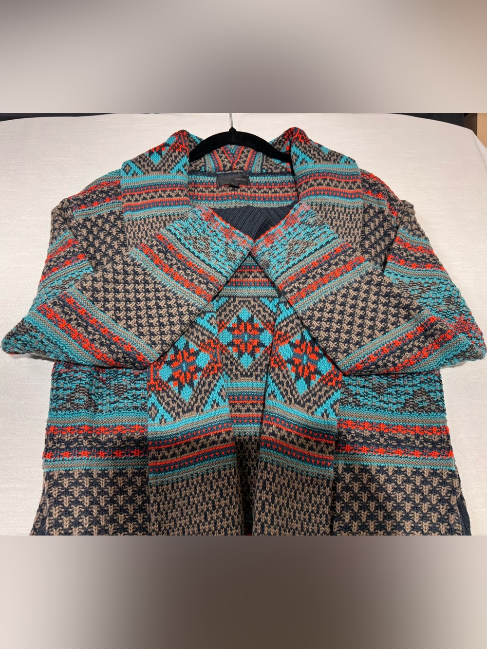 Lovposh Open-Front Collared  Patterned Knit Cardigan in Turquoise and Orange S/M